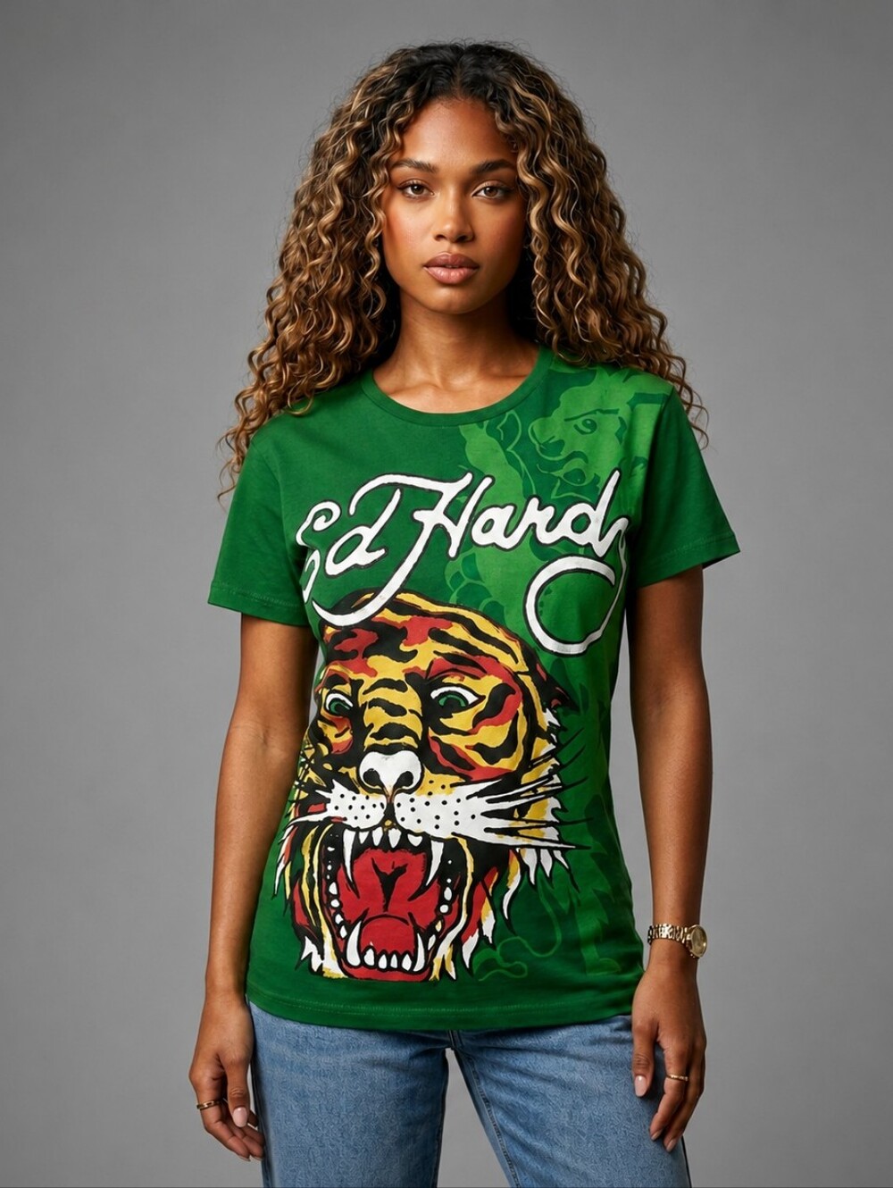 ED HARDY TIGER Graphic Tee FITS WOMENS MEDIUM - LARGE